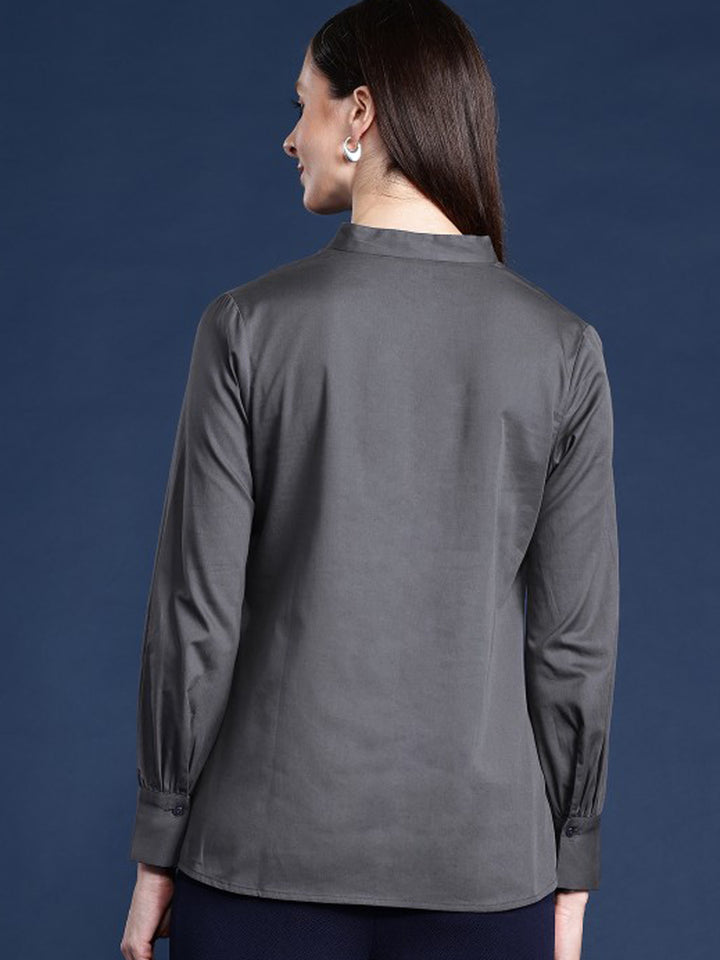 Women Dark Grey Solid Pure Cotton Regular Fit Casual Top