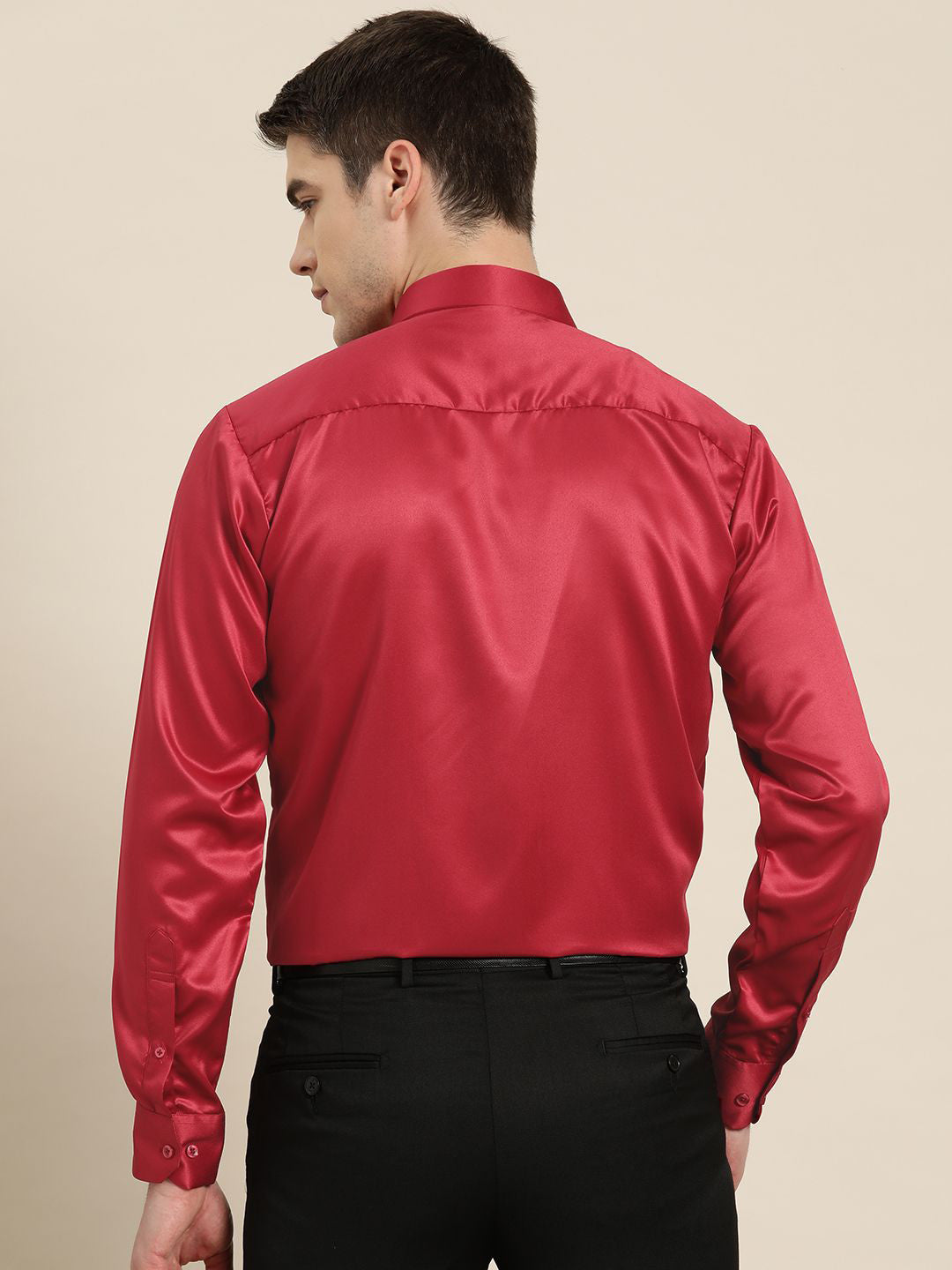 Hancock Men Red Solid Polyester Slim Fit Formal Shirt