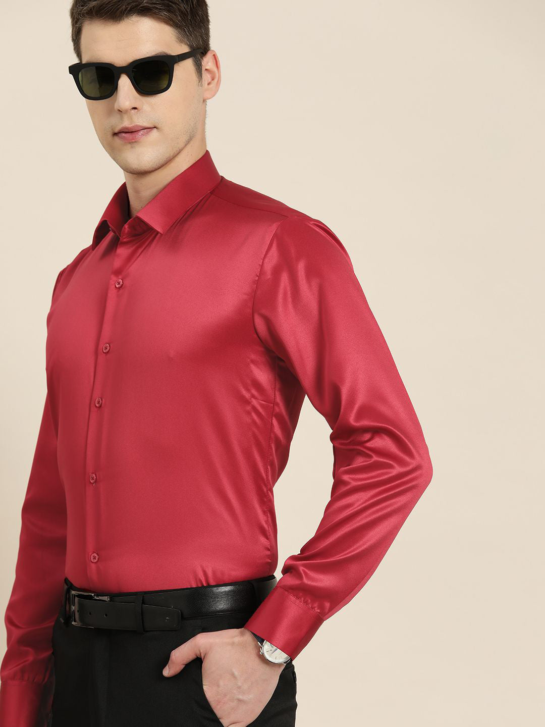 Hancock Men Red Solid Polyester Slim Fit Formal Shirt
