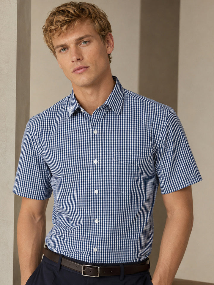 Men Navy & White Gingham Check Short Sleeve Slim fit Formal Shirt