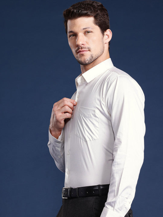 Men Cream Solid Pure Cotton Slim Fit Formal Shirt