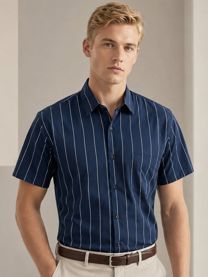 Men Navy Blue Striped Pure Cotton Slim Fit Short Sleeve Formal Shirt