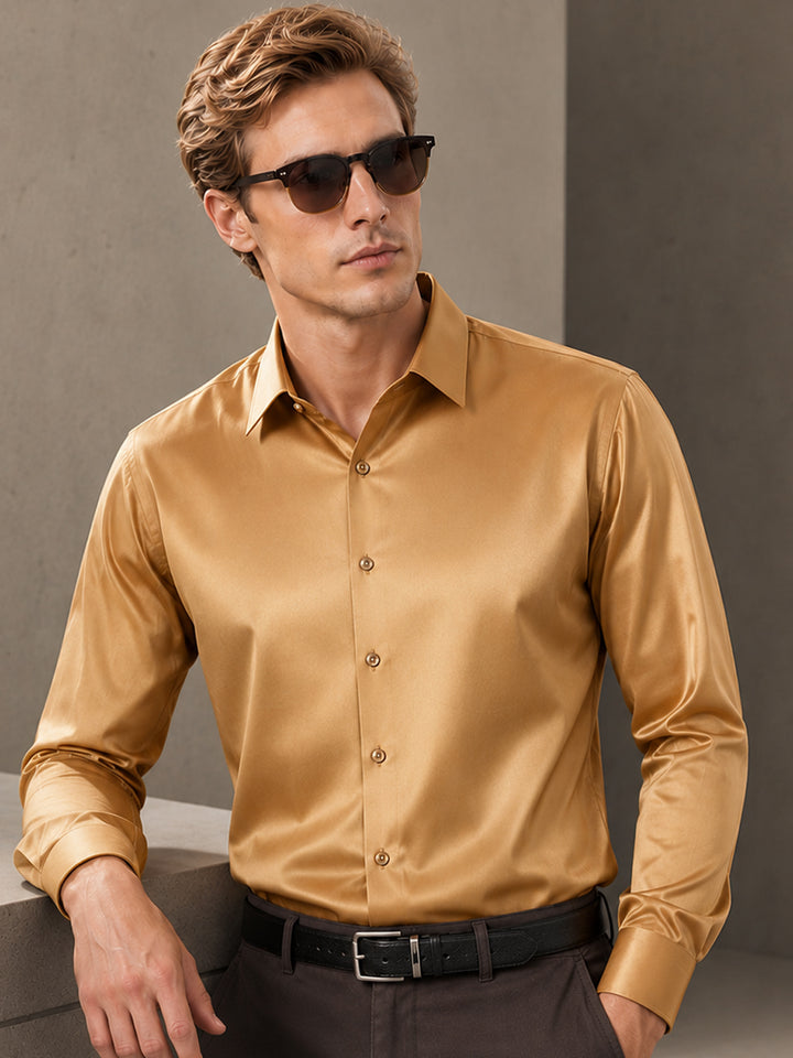 Men Gold Solid Satin Slim Fit Tuxedo Party Shirt