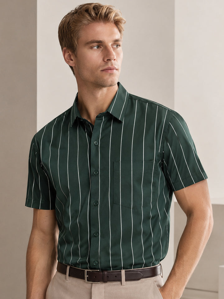 Men Green Striped Pure Cotton Slim Fit Short Sleeve Formal Shirt