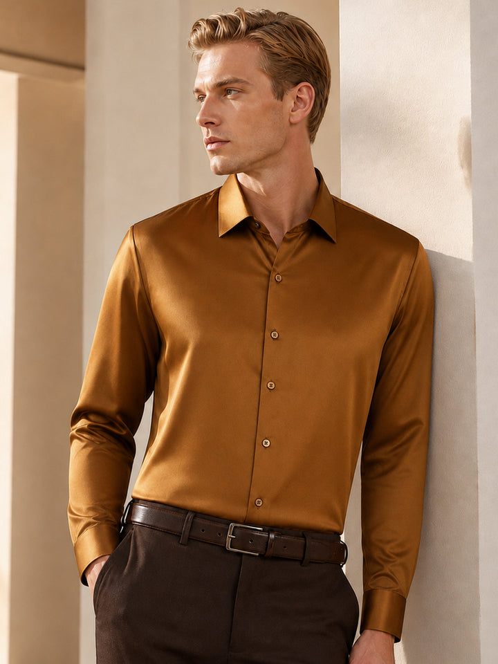 Men Copper Solid Satin Slim Fit Tuxedo Party Shirt