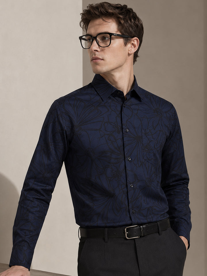 Men Navy Blue & Black Printed Cotton Slim Fit Party Shirt