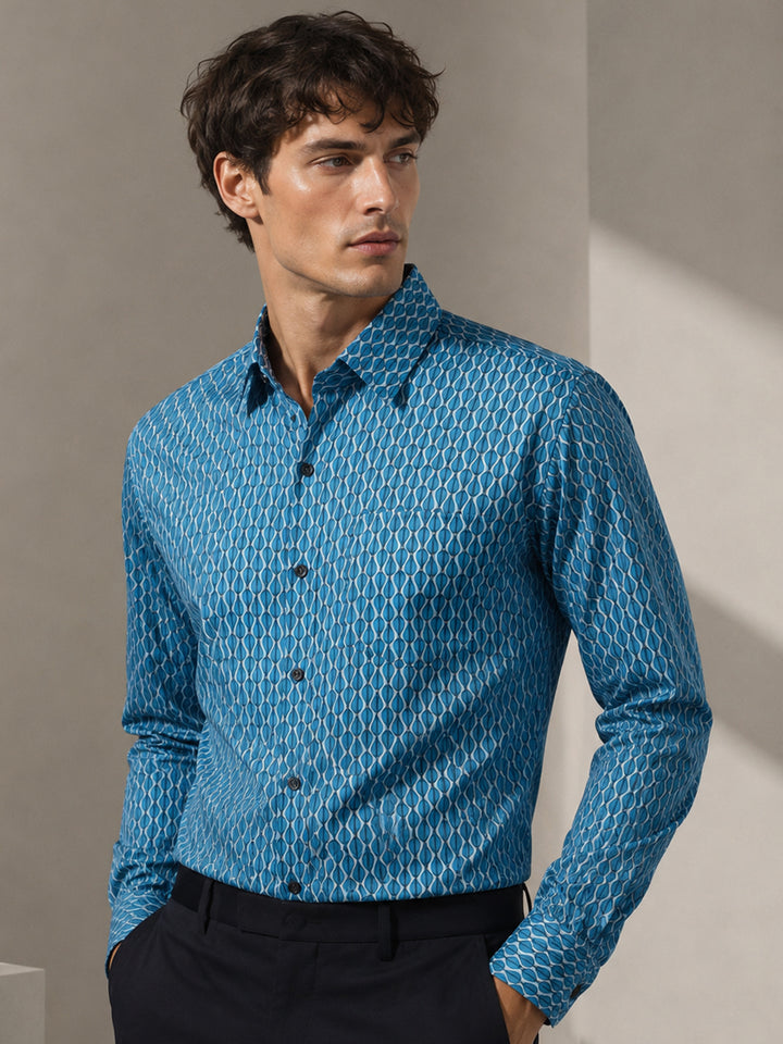 Men Blue Printed Cotton Satin Slim Fit Party Shirt