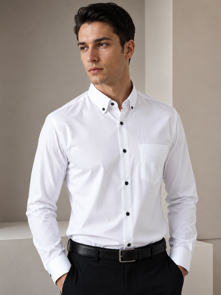 Men White Solid Cotton Slim Fit Button Down Collar Formal Shirt