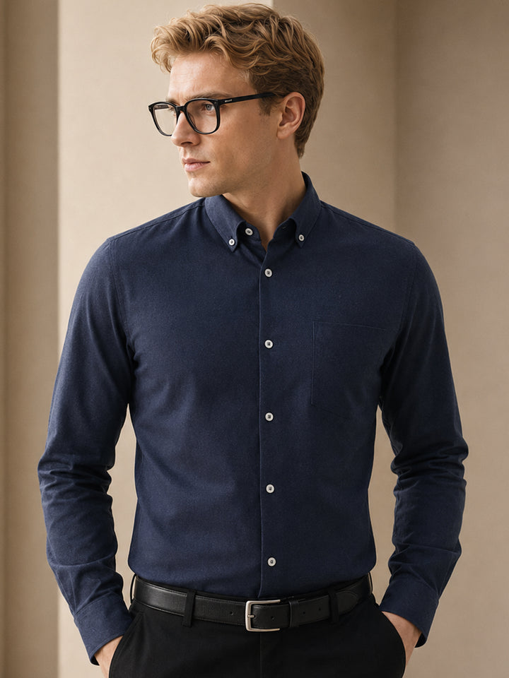 Men Navy Blue Solid Flannel Cotton Slim Fit Formal Shirt