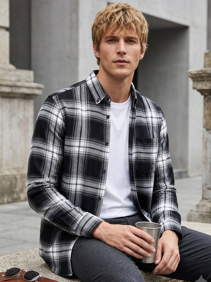 Men Black & White Flannel Checked Cotton Slim Fit Formal Shirt