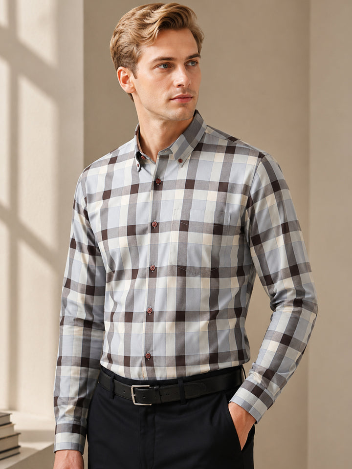 Men Grey Checked Cotton Slim Fit Formal Shirt