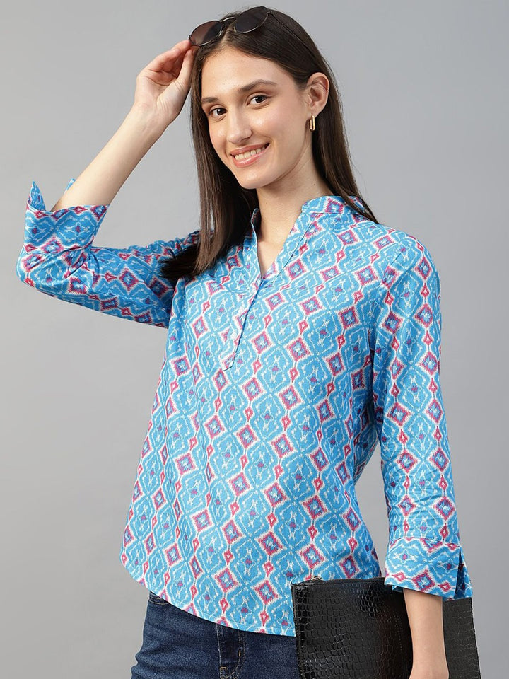 Hancock Women Blue Printed Pure Cotton Regular Fit Casual Top