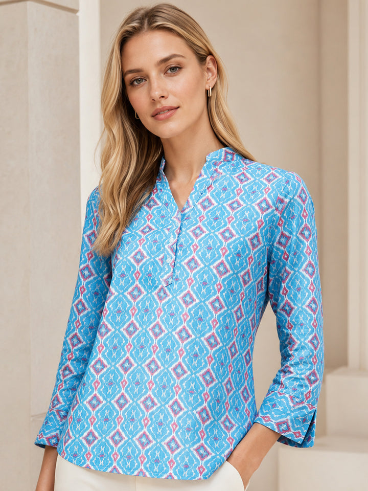 Hancock Women Blue Printed Pure Cotton Regular Fit Casual Top