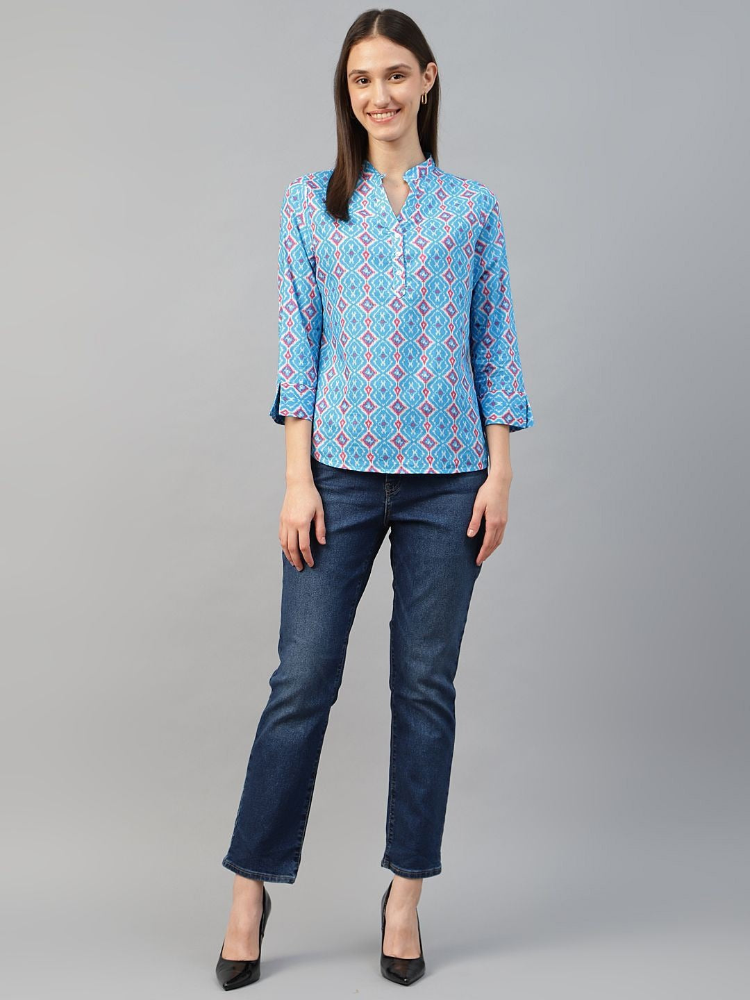 Hancock Women Blue Printed Pure Cotton Regular Fit Casual Top