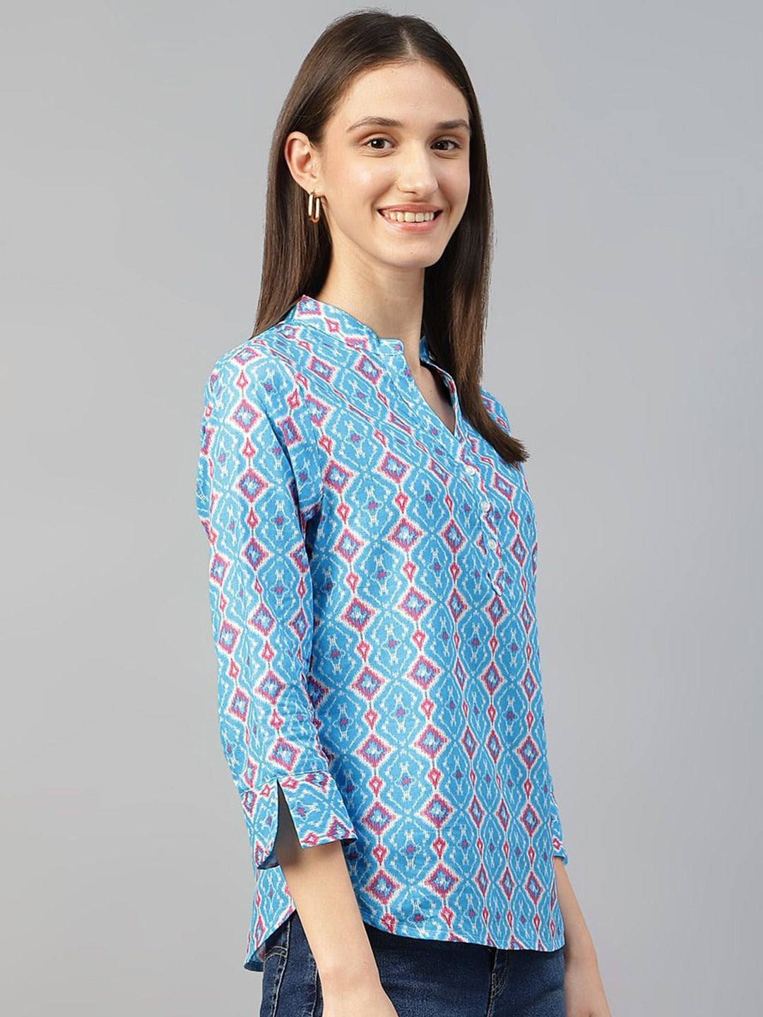 Hancock Women Blue Printed Pure Cotton Regular Fit Casual Top