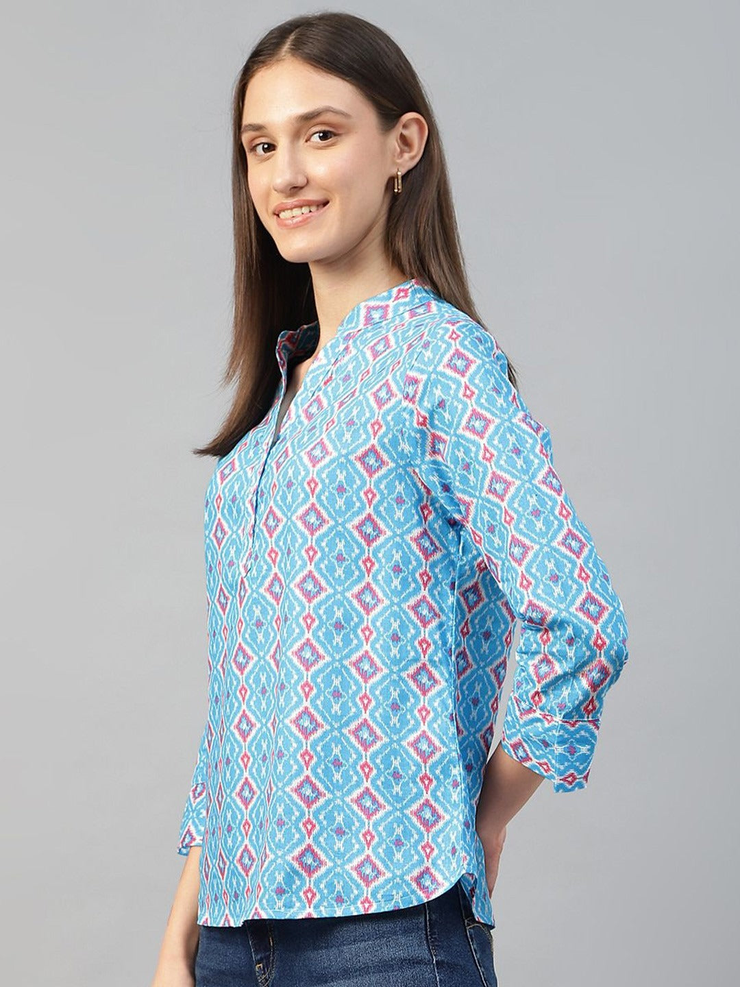 Hancock Women Blue Printed Pure Cotton Regular Fit Casual Top