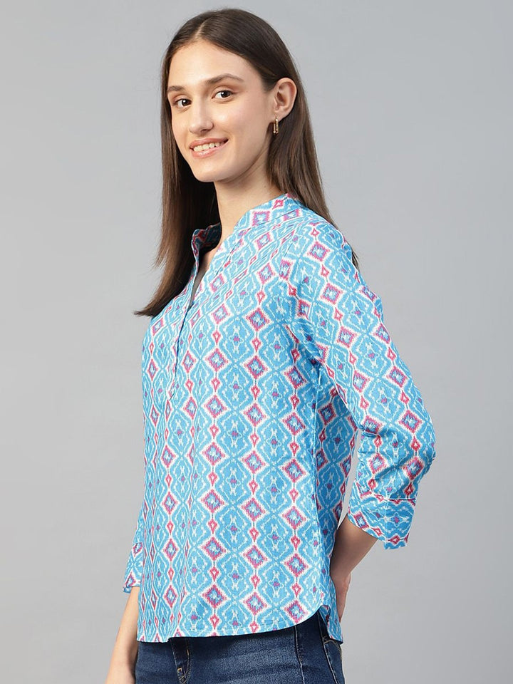 Hancock Women Blue Printed Pure Cotton Regular Fit Casual Top