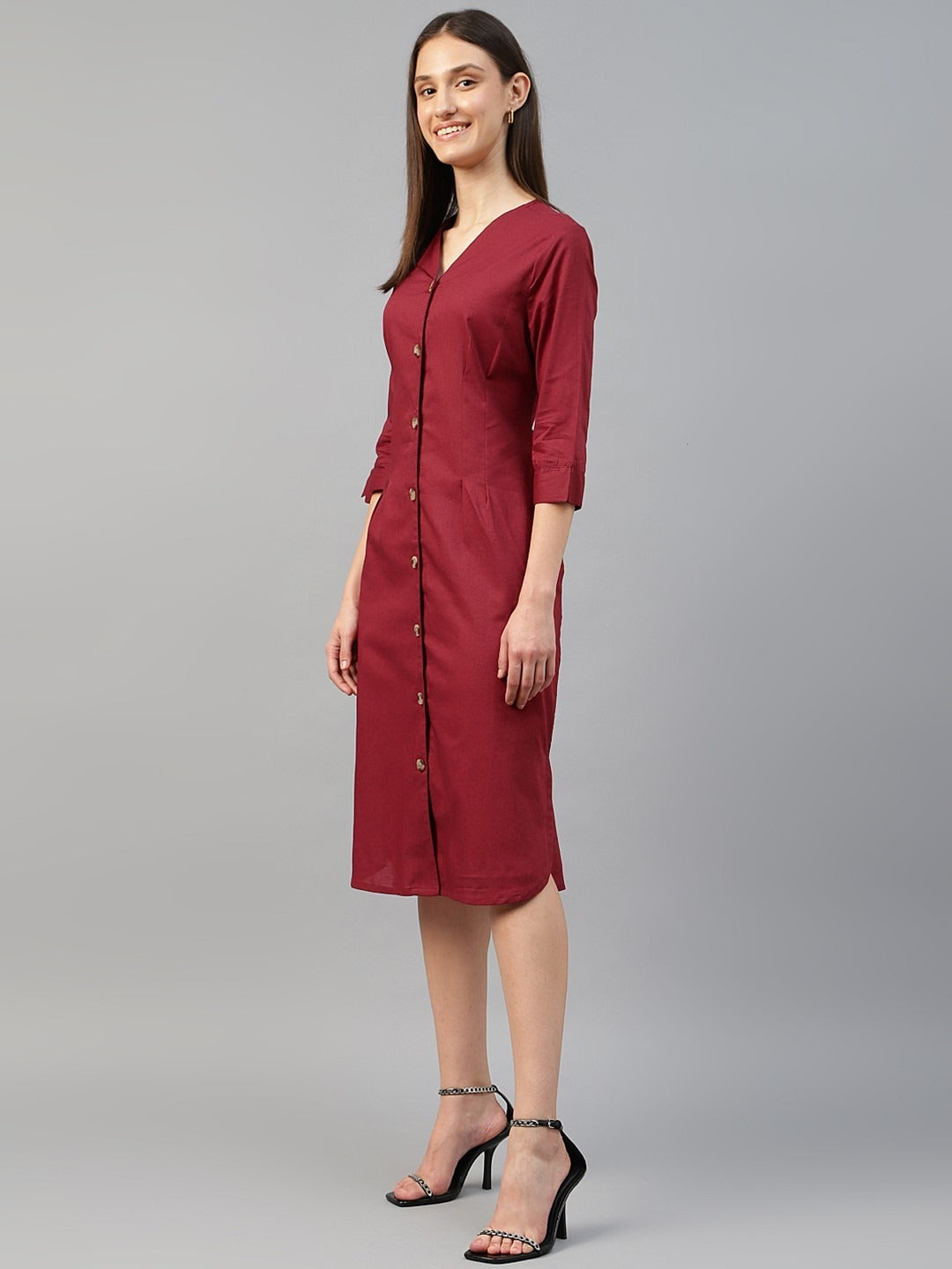 Hancock Women Rust Solid Linen Cotton Regular Fit Formal Dress