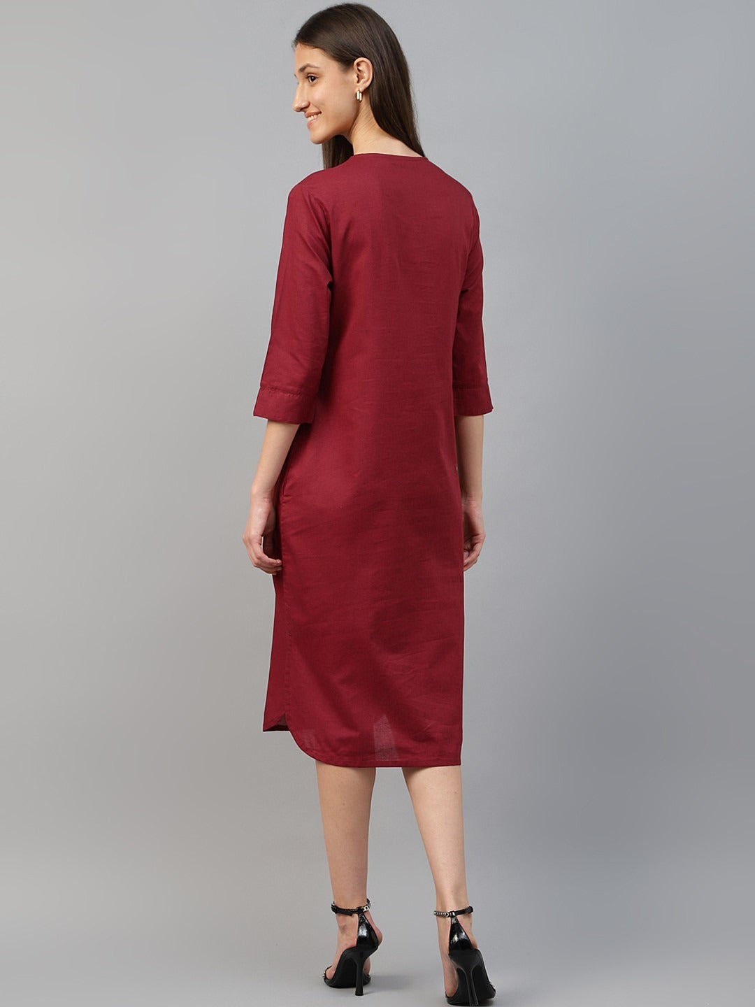 Hancock Women Rust Solid Linen Cotton Regular Fit Formal Dress