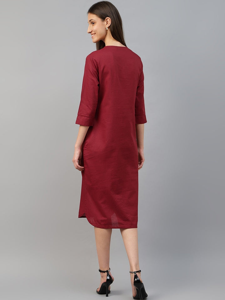 Hancock Women Rust Solid Linen Cotton Regular Fit Formal Dress