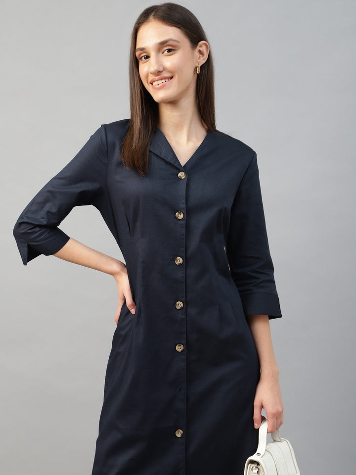 Hancock Women Navy Blue Solid Linen Cotton Regular Fit Formal Dress