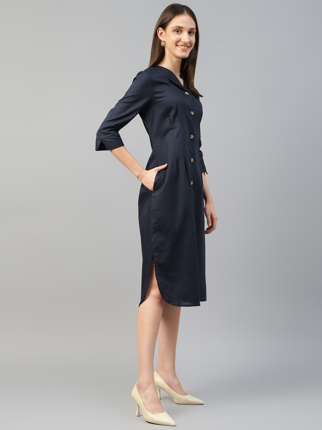 Hancock Women Navy Blue Solid Linen Cotton Regular Fit Formal Dress