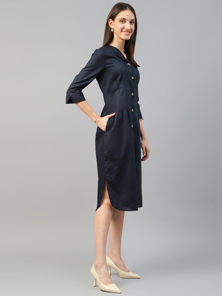 Hancock Women Navy Blue Solid Linen Cotton Regular Fit Formal Dress