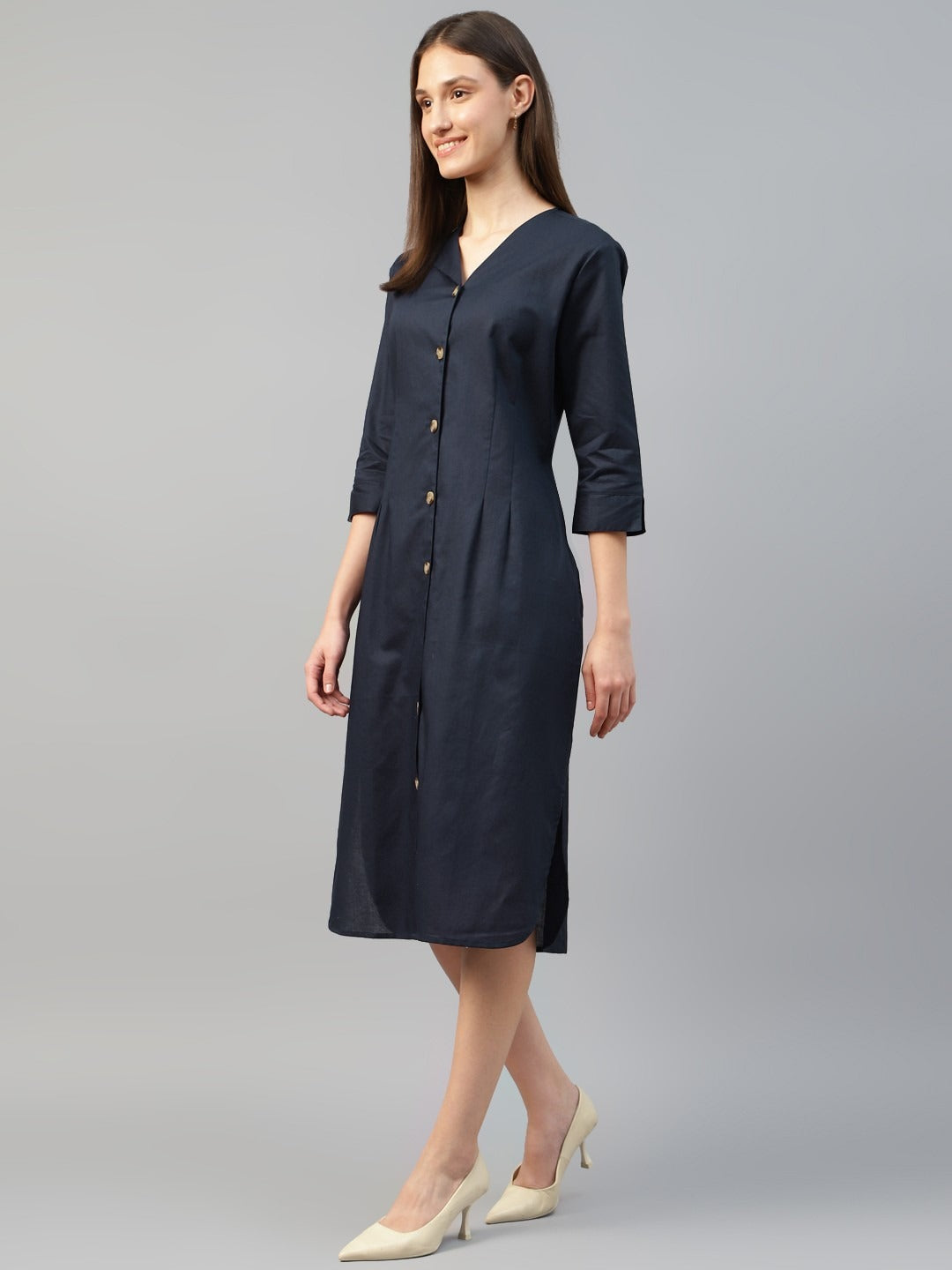 Hancock Women Navy Blue Solid Linen Cotton Regular Fit Formal Dress