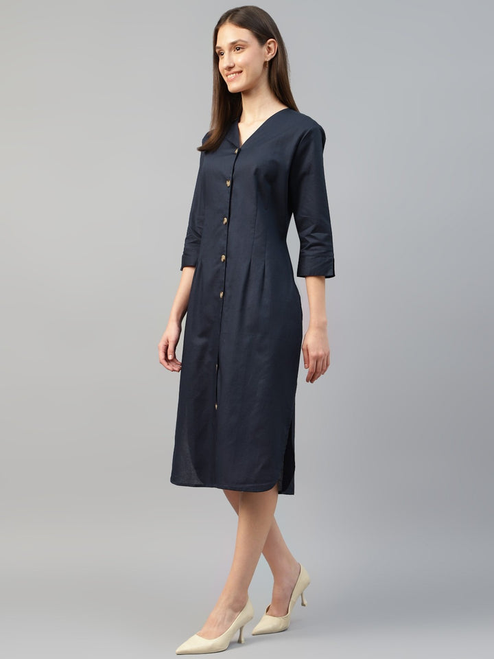 Hancock Women Navy Blue Solid Linen Cotton Regular Fit Formal Dress