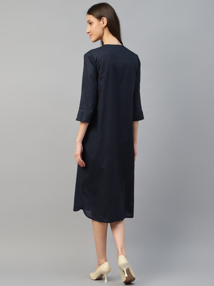 Hancock Women Navy Blue Solid Linen Cotton Regular Fit Formal Dress