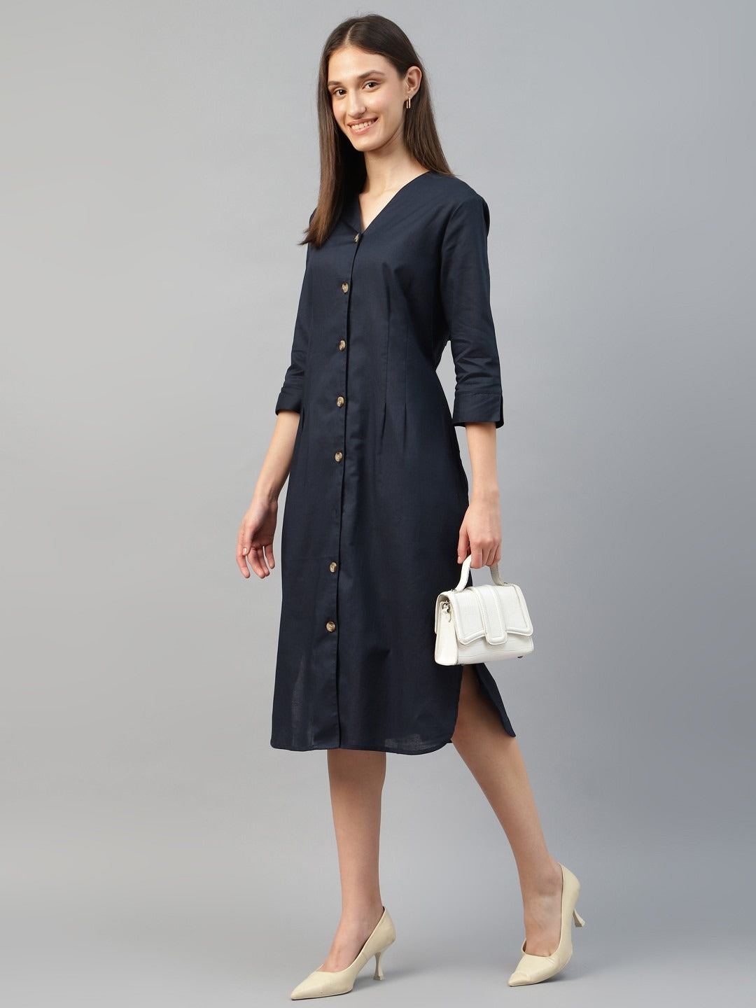 Hancock Women Navy Blue Solid Linen Cotton Regular Fit Formal Dress