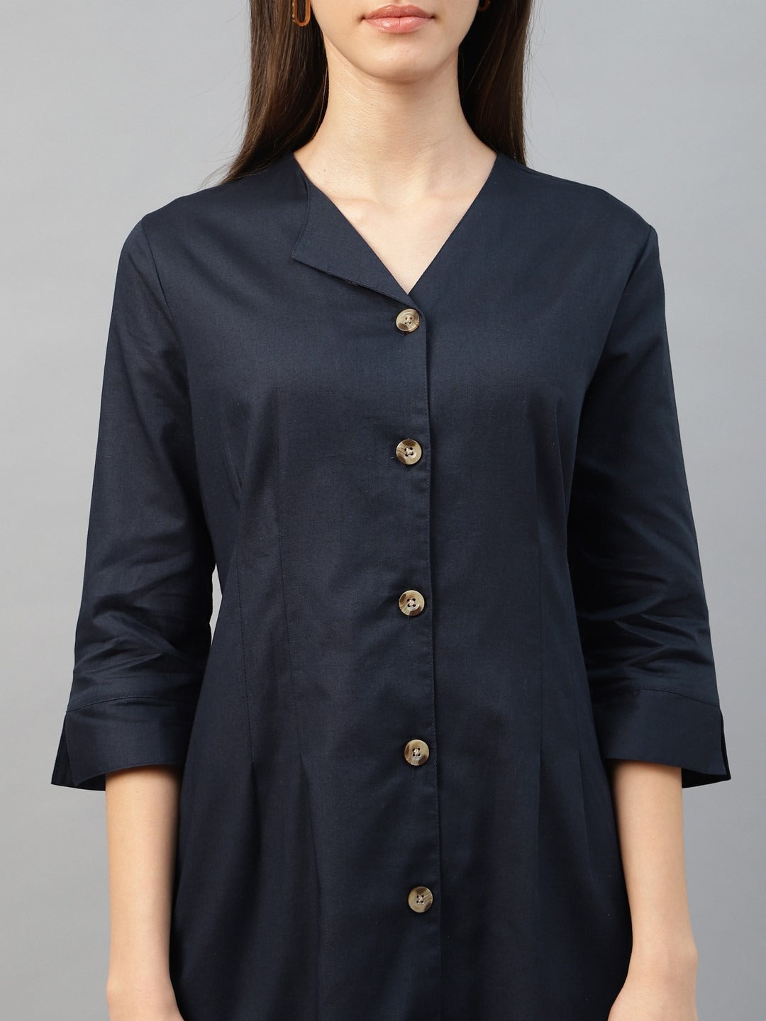 Hancock Women Navy Blue Solid Linen Cotton Regular Fit Formal Dress