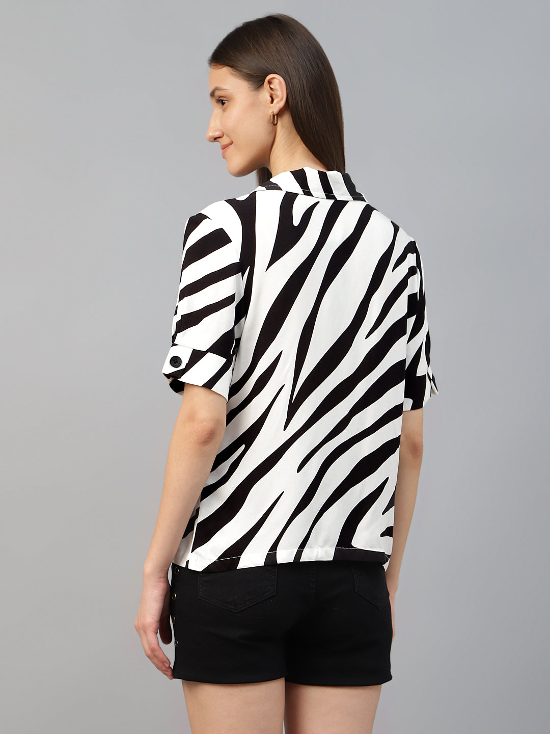 Women White & Black Printed Viscose Rayon Regular Fit Casual Shirt