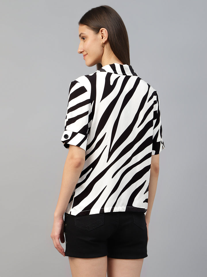Women White & Black Printed Viscose Rayon Regular Fit Casual Shirt