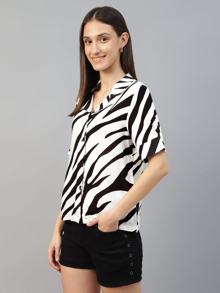 Women White & Black Printed Viscose Rayon Regular Fit Casual Shirt