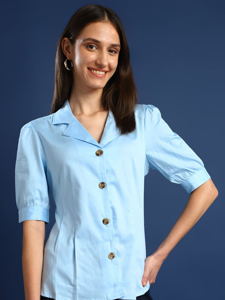 Women Sky Blue Solid Pure Cotton Regular Fit Formal Shirt