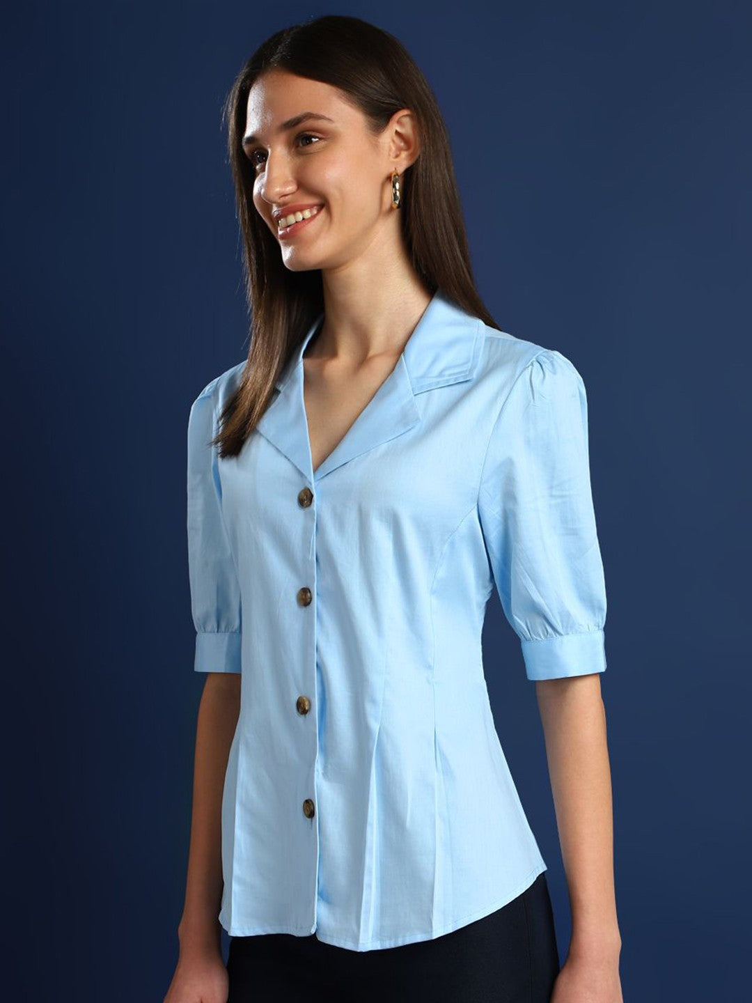 Women Sky Blue Solid Pure Cotton Regular Fit Formal Shirt