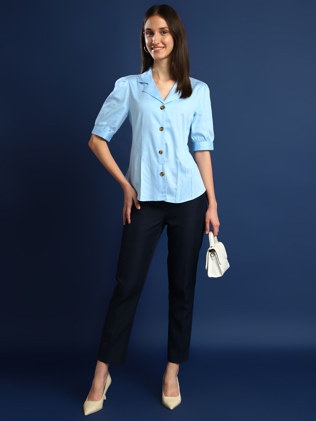 Women Sky Blue Solid Pure Cotton Regular Fit Formal Shirt