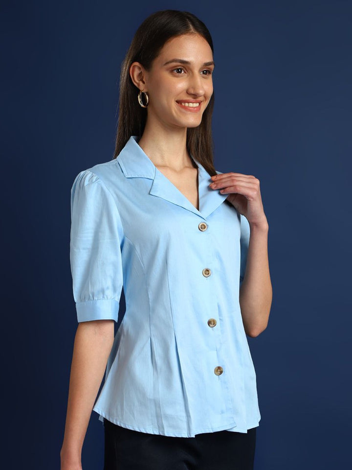 Women Sky Blue Solid Pure Cotton Regular Fit Formal Shirt