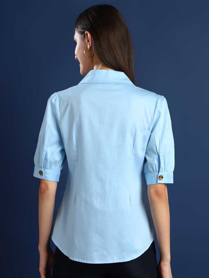 Women Sky Blue Solid Pure Cotton Regular Fit Formal Shirt