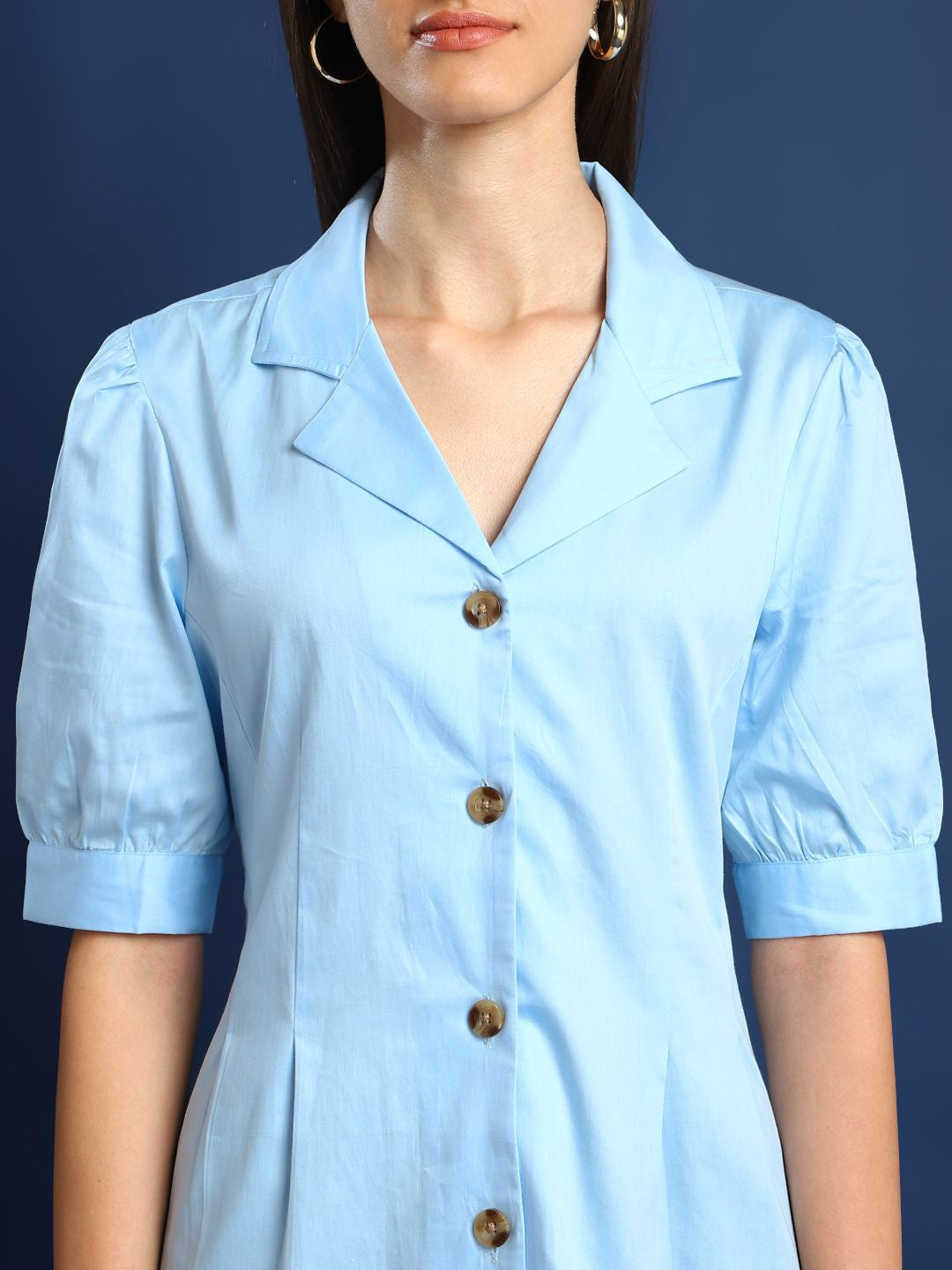 Women Sky Blue Solid Pure Cotton Regular Fit Formal Shirt