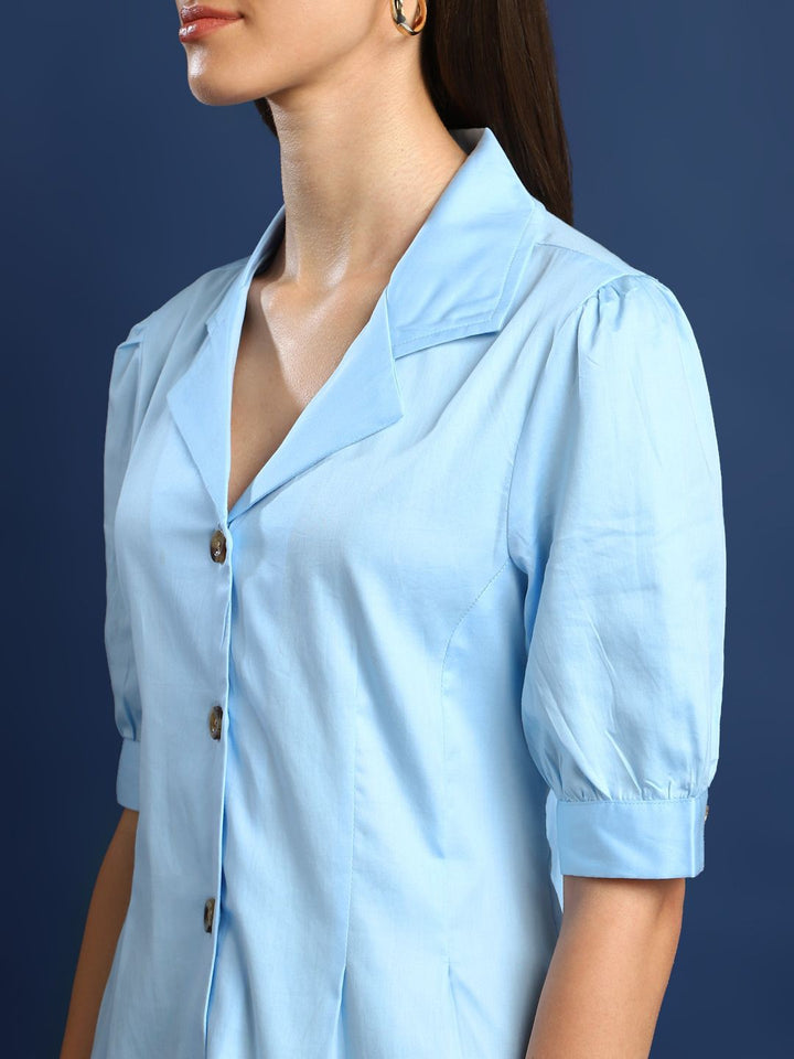 Women Sky Blue Solid Pure Cotton Regular Fit Formal Shirt