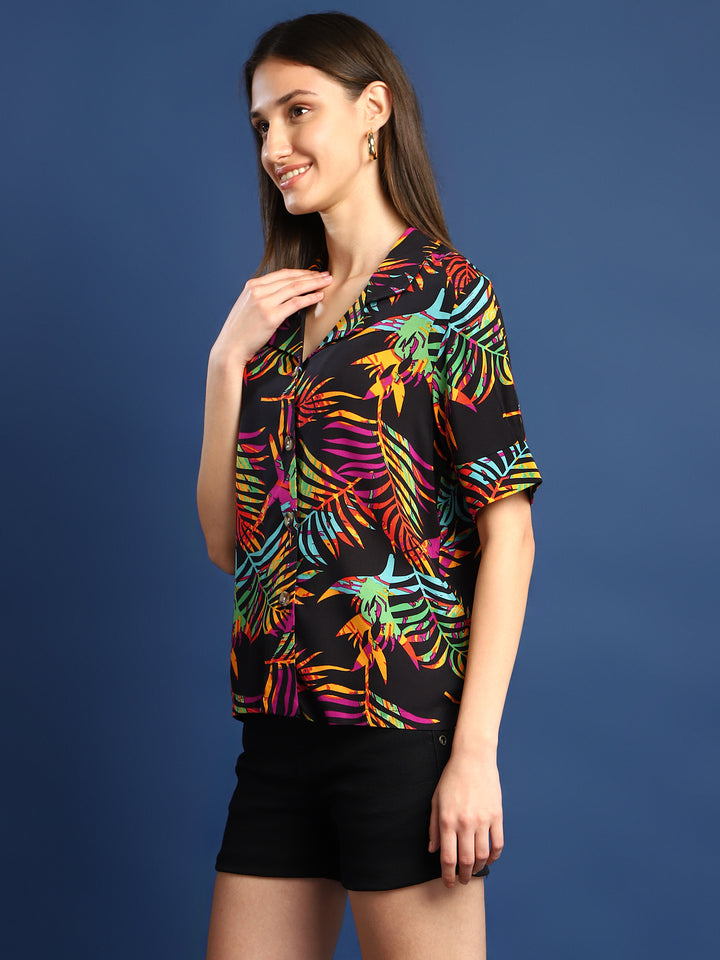 Women Black Printed Viscose Rayon Regular Fit Casual Shirt