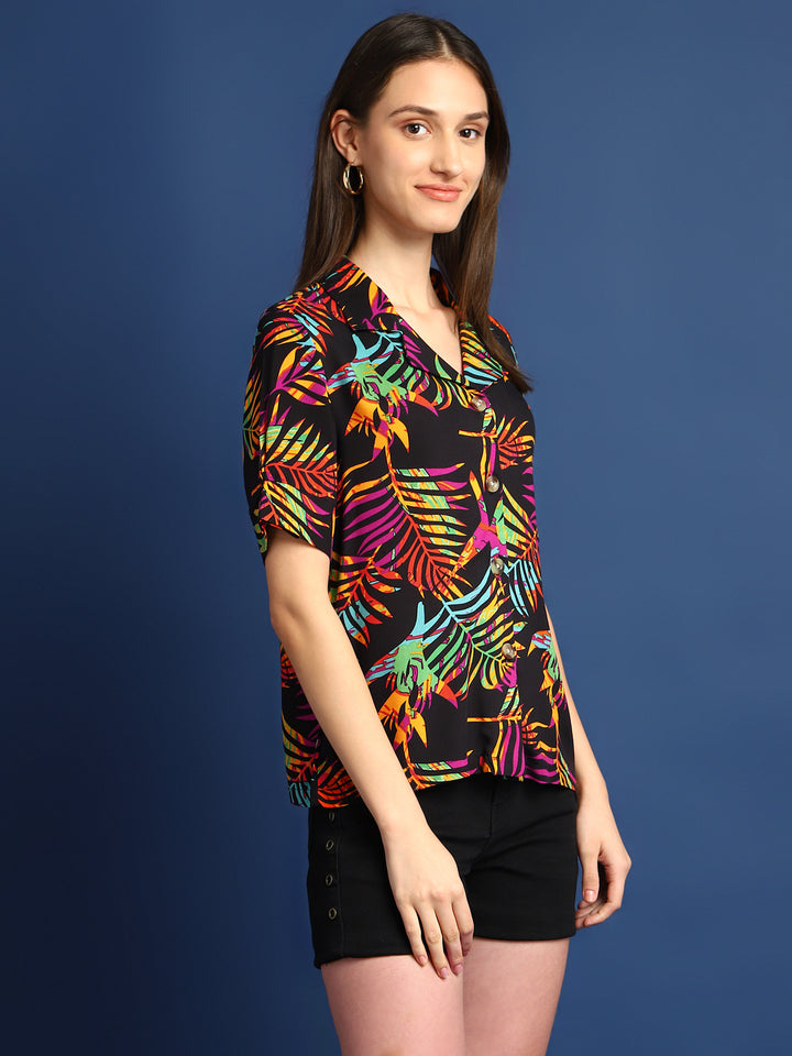 Women Black Printed Viscose Rayon Regular Fit Casual Shirt