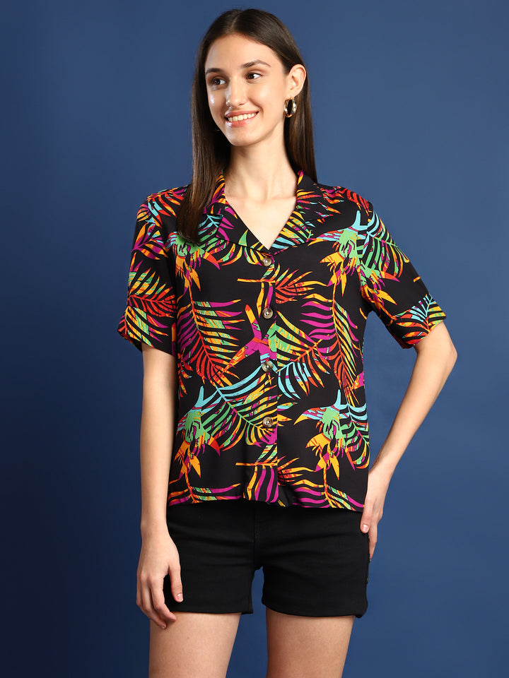 Women Black Printed Viscose Rayon Regular Fit Casual Shirt