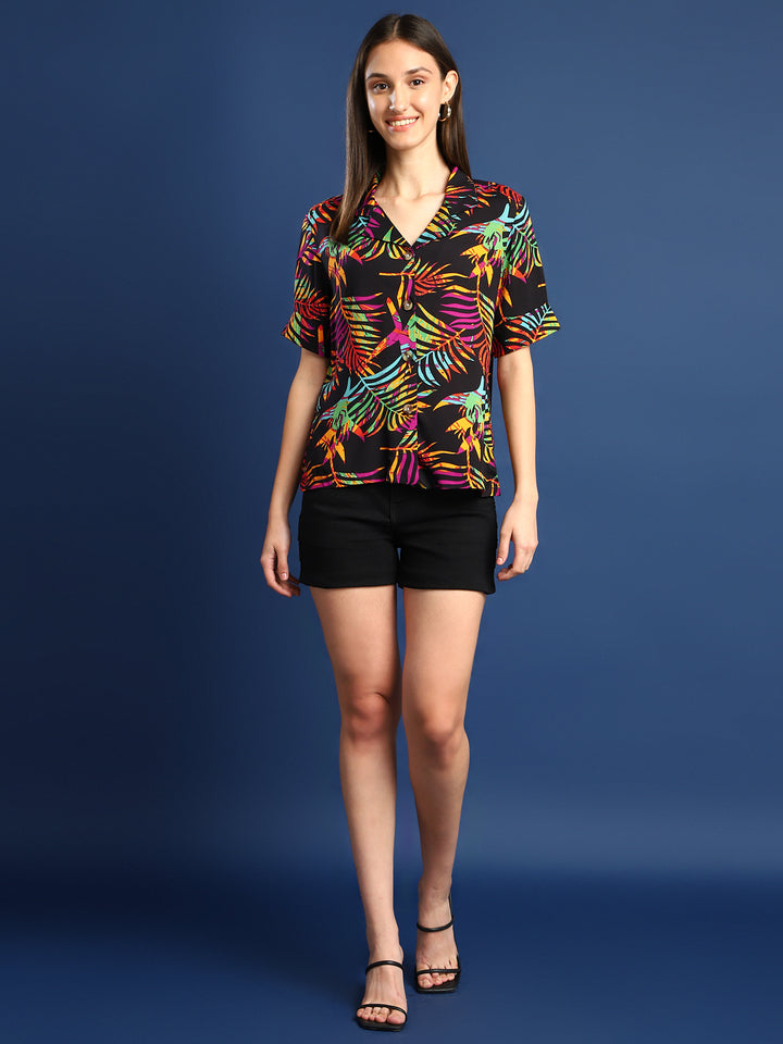 Women Black Printed Viscose Rayon Regular Fit Casual Shirt