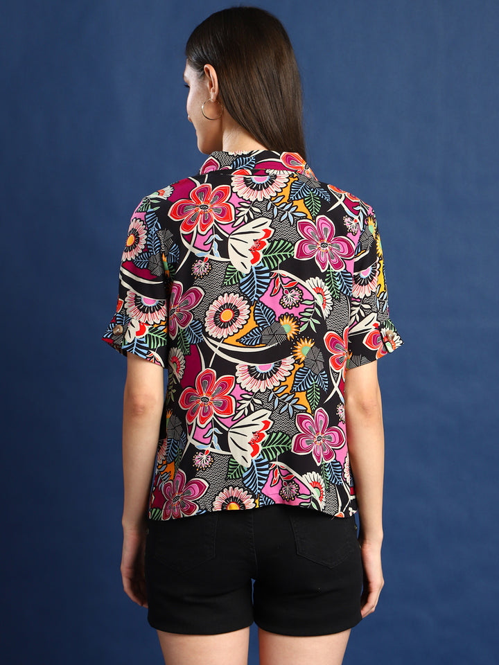 Women Black & Magenta Printed Viscose Rayon Regular Fit Casual Shirt
