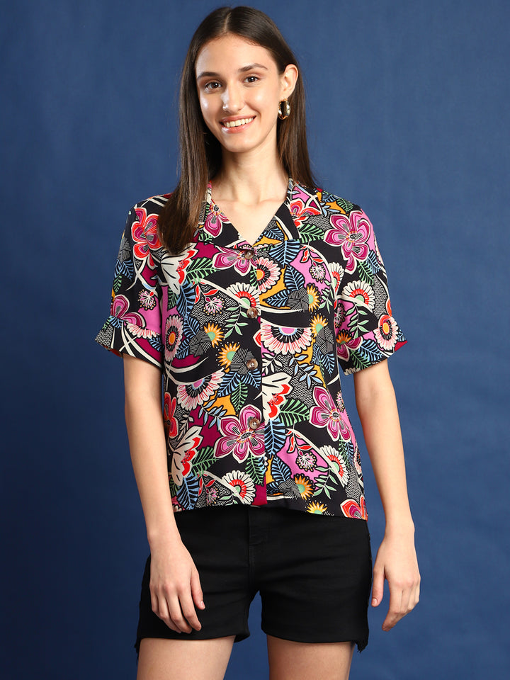 Women Black & Magenta Printed Viscose Rayon Regular Fit Casual Shirt