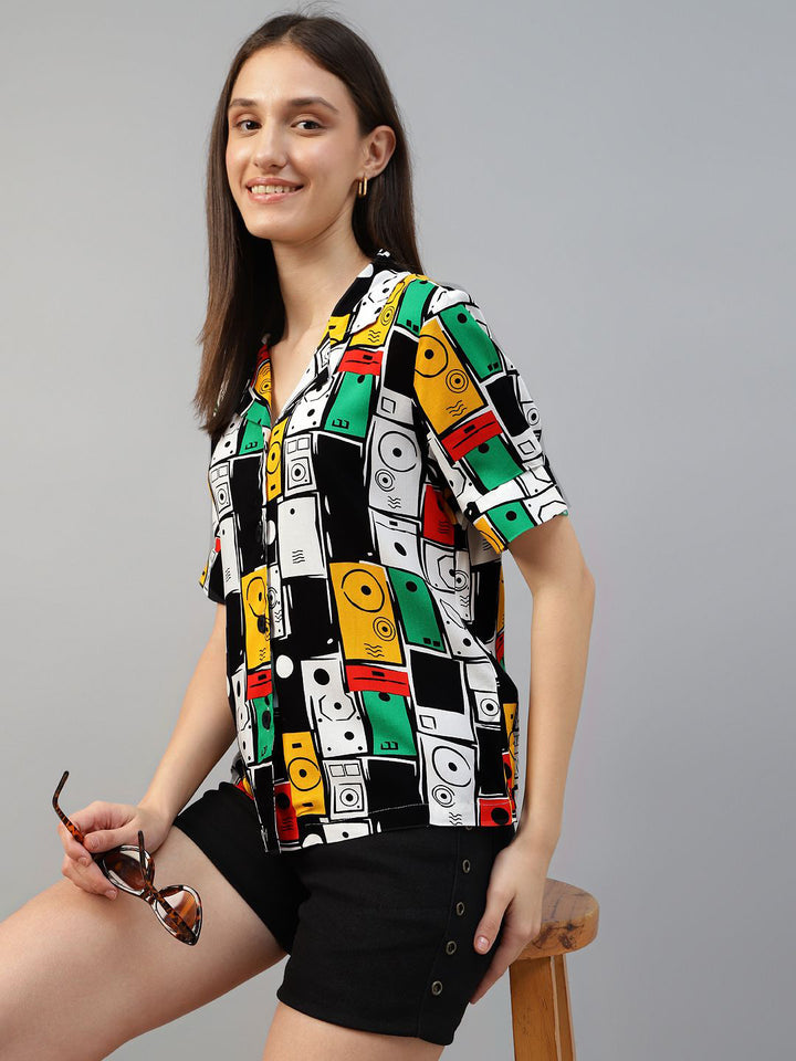Women White & Multi Printed Viscose Rayon Regular Fit Casual Shirt
