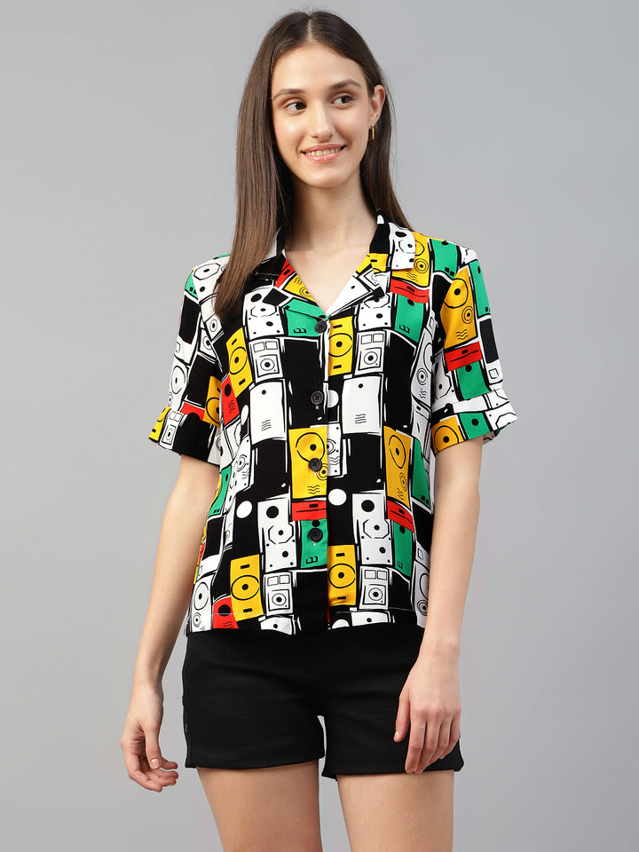 Women White & Multi Printed Viscose Rayon Regular Fit Casual Shirt